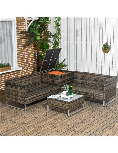 Outsunny 4 PCs Garden Rattan Wicker Outdoor Furniture Patio Corner Sofa Love Seat and Table Set with Cushions Side Desk Storage 