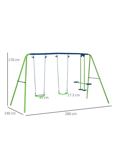 Outsunny Metal Swings & Seesaw Set Double Seats with a Height Adjustable Children Outdoor Backyard Play Set for Toddlers Over 3 