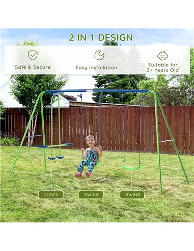 Outsunny Metal Swings & Seesaw Set Double Seats with a Height Adjustable Children Outdoor Backyard Play Set for Toddlers Over 3 