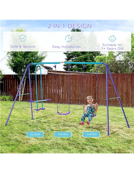 Outsunny Height Adjustable Metal Swing Set with Glider, Two Swing Seats and Adjustable Height, Outdoor Heavy Duty A-Frame 344-03 - pic 64554 | FastDaddyshop