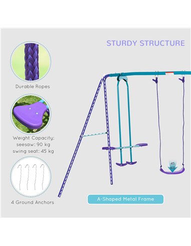 Outsunny Height Adjustable Metal Swing Set with Glider, Two Swing Seats and Adjustable Height, Outdoor Heavy Duty A-Frame 344-03