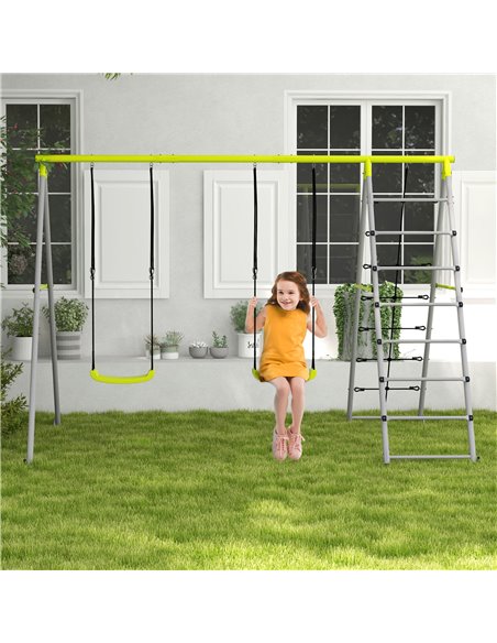 Outsunny 4 in 1 Metal Garden Swing Set with Double Swings Climber Climbing Net Green 344-078V00GN - pic 64579 | FastDaddyshop