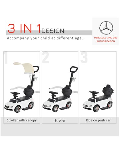 HOMCOM 3 in 1 Ride On Push Along Car Mercedes Benz for Toddlers Stroller Sliding Walking Car with Horn Sound Safety Bar for 1-3 