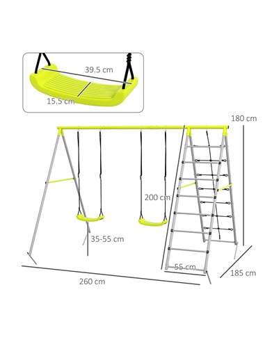 Outsunny 4 in 1 Metal Garden Swing Set with Double Swings Climber Climbing Net Green 344-078V00GN