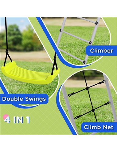 Outsunny 4 in 1 Metal Garden Swing Set with Double Swings Climber Climbing Net Green 344-078V00GN