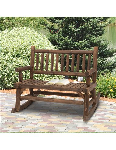 Outsunny Garden 2-Seater Rocking Bench Wood Frame Rough-Cut Log Loveseat Slatted High Back Rustic Style with Armrests - Dark Sta