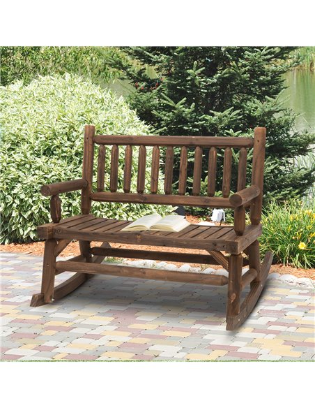 Outsunny Garden 2-Seater Rocking Bench Wood Frame Rough-Cut Log Loveseat Slatted High Back Rustic Style with Armrests - Dark Sta - pic 64624 | FastDaddyshop