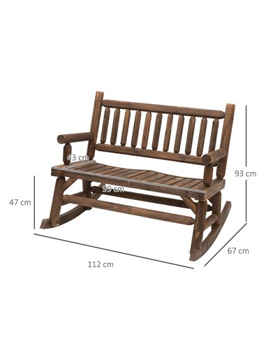 Outsunny Garden 2-Seater Rocking Bench Wood Frame Rough-Cut Log Loveseat Slatted High Back Rustic Style with Armrests - Dark Sta