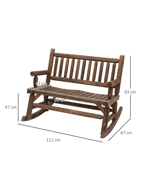 Outsunny Garden 2-Seater Rocking Bench Wood Frame Rough-Cut Log Loveseat Slatted High Back Rustic Style with Armrests - Dark Sta - pic 64625 | FastDaddyshop