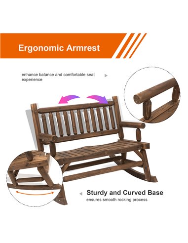 Outsunny Garden 2-Seater Rocking Bench Wood Frame Rough-Cut Log Loveseat Slatted High Back Rustic Style with Armrests - Dark Sta