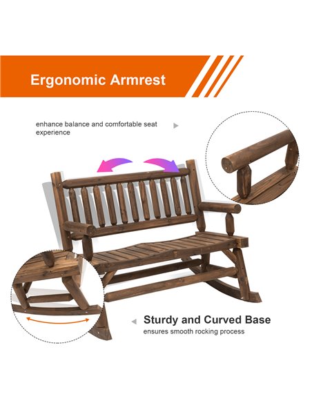 Outsunny Garden 2-Seater Rocking Bench Wood Frame Rough-Cut Log Loveseat Slatted High Back Rustic Style with Armrests - Dark Sta - pic 64627 | FastDaddyshop