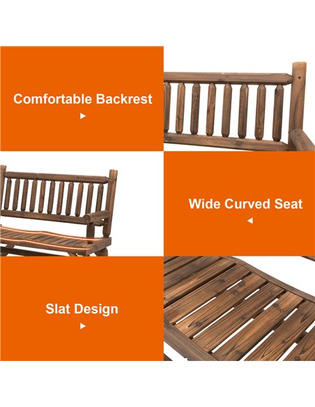 Outsunny Garden 2-Seater Rocking Bench Wood Frame Rough-Cut Log Loveseat Slatted High Back Rustic Style with Armrests - Dark Sta - pic 64628 | FastDaddyshop