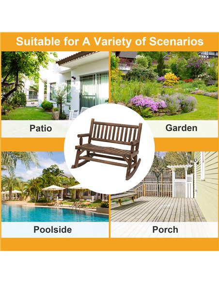 Outsunny Garden 2-Seater Rocking Bench Wood Frame Rough-Cut Log Loveseat Slatted High Back Rustic Style with Armrests - Dark Sta - pic 64629 | FastDaddyshop
