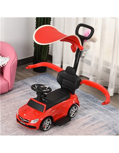 HOMCOM 3 in 1 Ride On Push Along Car Mercedes Benz for Toddlers Stroller Sliding Walking Car with Sun Canopy Horn Safety Bar Cup