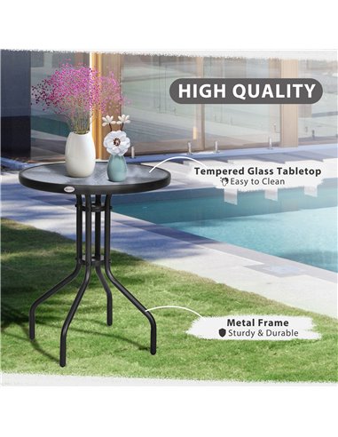 Outsunny Round Metal Garden Table, 60cm Diameter Tempered Glass Top, Outdoor Patio Furniture, Black 84B-147