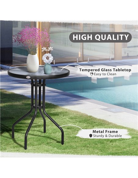 Outsunny Round Metal Garden Table, 60cm Diameter Tempered Glass Top, Outdoor Patio Furniture, Black 84B-147 - pic 64653 | FastDaddyshop