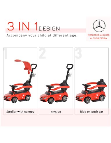 HOMCOM 3 in 1 Ride On Push Along Car Mercedes Benz for Toddlers Stroller Sliding Walking Car with Sun Canopy Horn Safety Bar Cup