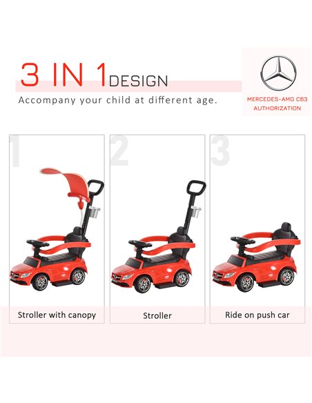 HOMCOM 3 in 1 Ride On Push Along Car Mercedes Benz for Toddlers Stroller Sliding Walking Car with Sun Canopy Horn Safety Bar Cup - pic 6466 | FastDaddyshop