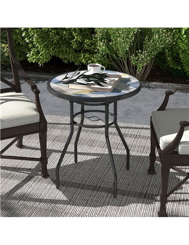 Outsunny Garden Table with Tempered Glass Top, Printed Design, Steel Frame, for Porch, Multicolour 84G-399V00MX