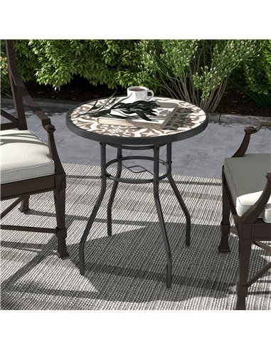 Outsunny Tempered Glass Top Garden Table with Glass Printed Design, Steel Frame, Foot Pads for Porch, Balcony, Tan Brown 84G-399