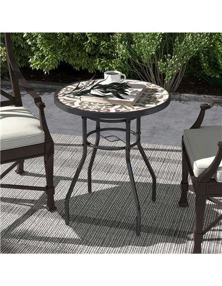 Outsunny Tempered Glass Top Garden Table with Glass Printed Design, Steel Frame, Foot Pads for Porch, Balcony, Tan Brown 84G-399 - pic 64669 | FastDaddyshop