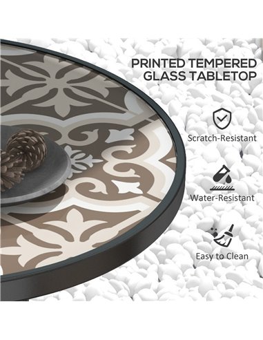 Outsunny Tempered Glass Top Garden Table with Glass Printed Design, Steel Frame, Foot Pads for Porch, Balcony, Tan Brown 84G-399