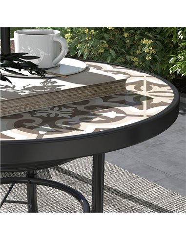 Outsunny Tempered Glass Top Garden Table with Glass Printed Design, Steel Frame, Foot Pads for Porch, Balcony, Tan Brown 84G-399
