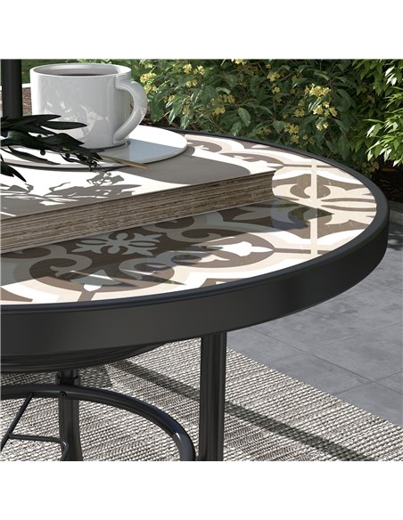 Outsunny Tempered Glass Top Garden Table with Glass Printed Design, Steel Frame, Foot Pads for Porch, Balcony, Tan Brown 84G-399 - pic 64675 | FastDaddyshop