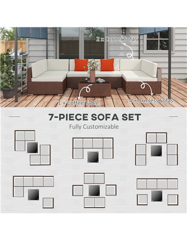 Outsunny Seven-Piece Garden Rattan Set, with Glass-Top Table - Brown 860-027V71MB