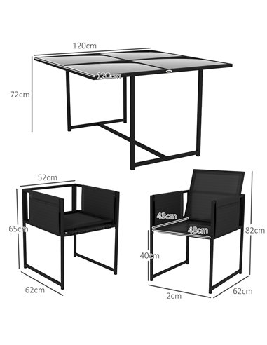 Outsunny 5 Piece Garden Dining Set with Breathable Mesh Seat, Adjustable Backrest, Tempered Glass Table Top for Patio, Black 84G
