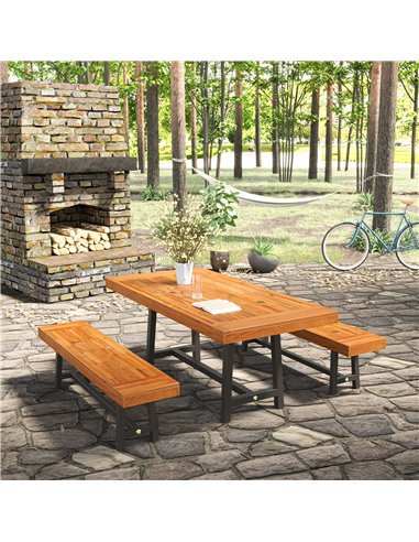 Outsunny Garden 3 Pieces Acacia Wood Picnic Table and 2 Benches Set Dining Trestle Beer Table Patio Outdoor Indoor Furniture 84B