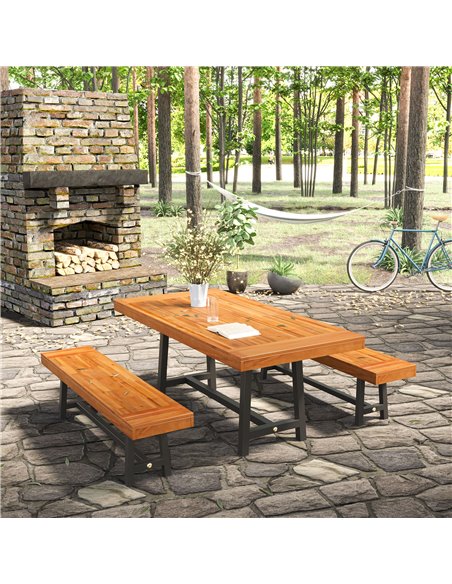Outsunny Garden 3 Pieces Acacia Wood Picnic Table and 2 Benches Set Dining Trestle Beer Table Patio Outdoor Indoor Furniture 84B - pic 64723 | FastDaddyshop
