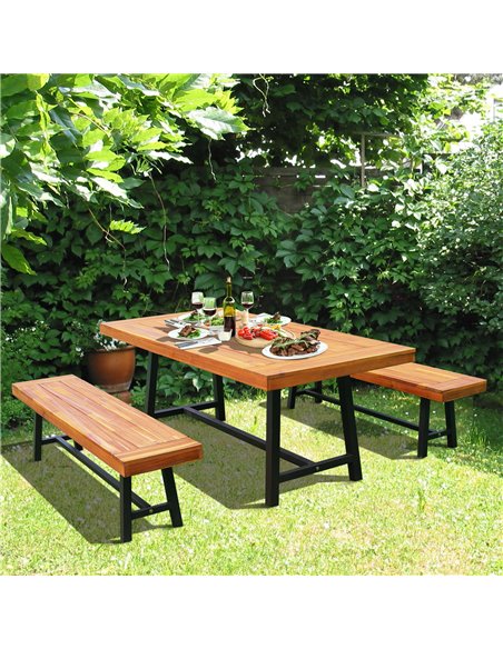 Outsunny Garden 3 Pieces Acacia Wood Picnic Table and 2 Benches Set Dining Trestle Beer Table Patio Outdoor Indoor Furniture 84B - pic 64728 | FastDaddyshop