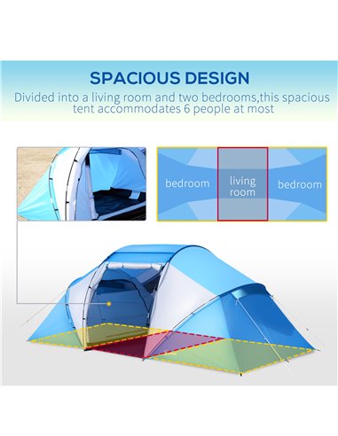 Outsunny 4-6 Man Camping Tent w/ Two Bedroom, Hiking Sun Shelter, UV Protection Tunnel Tent, Blue and White A20-044