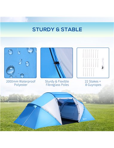 Outsunny 4-6 Man Camping Tent w/ Two Bedroom, Hiking Sun Shelter, UV Protection Tunnel Tent, Blue and White A20-044
