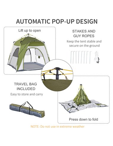 Outsunny 4 Person Automatic Camping Tent, Outdoor Pop Up Tent, Portable Backpacking Dome Shelter, Green A20-054GN