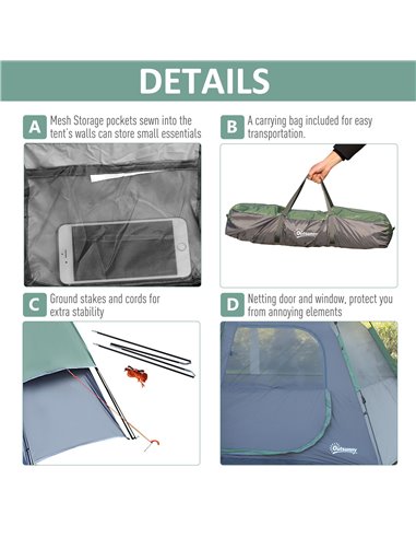 Outsunny Lightweight Camping Tent, 3/4 Person, Fibreglass Frame, Waterproof, Green A20-123
