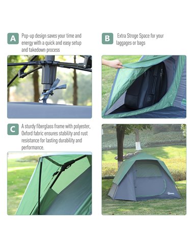 Outsunny Lightweight Camping Tent, 3/4 Person, Fibreglass Frame, Waterproof, Green A20-123