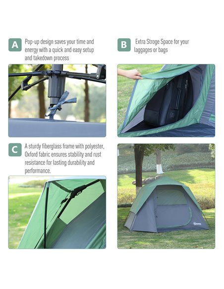 Outsunny Lightweight Camping Tent, 3/4 Person, Fibreglass Frame, Waterproof, Green A20-123 - pic 64772 | FastDaddyshop