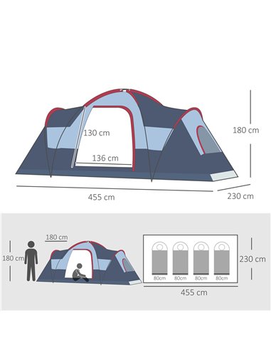 Outsunny 5-6 Man Dome Camping Tent Hiking Shelter UV Protection Water Resistant Tunnel Sun Shade - Grey A20-132