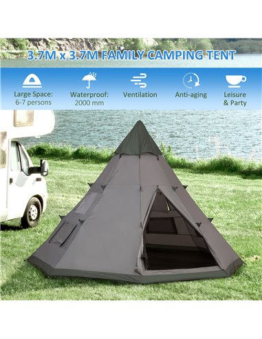 Outsunny 6 Men Tipi Tent, Camping Teepee Family Tent w/ Mesh Windows Zipped Door Carry Bag, Easy Set Up for Hiking Picnics Outdo