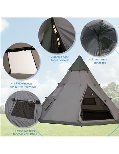 Outsunny 6 Men Tipi Tent, Camping Teepee Family Tent w/ Mesh Windows Zipped Door Carry Bag, Easy Set Up for Hiking Picnics Outdo
