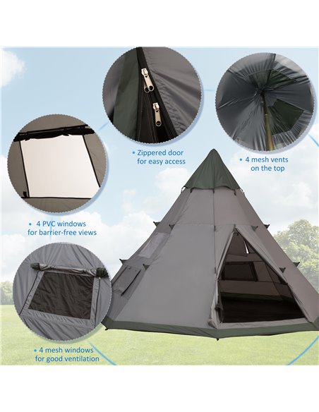 Outsunny 6 Men Tipi Tent, Camping Teepee Family Tent w/ Mesh Windows Zipped Door Carry Bag, Easy Set Up for Hiking Picnics Outdo - pic 64788 | FastDaddyshop