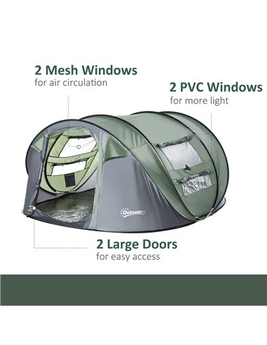 Outsunny Pop-up Camping Tent 4-5 Person, Waterproof with 2 Mesh & PVC Windows, Portable Carry Bag, Dark Green A20-169