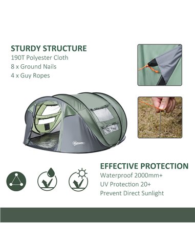 Outsunny Pop-up Camping Tent 4-5 Person, Waterproof with 2 Mesh & PVC Windows, Portable Carry Bag, Dark Green A20-169