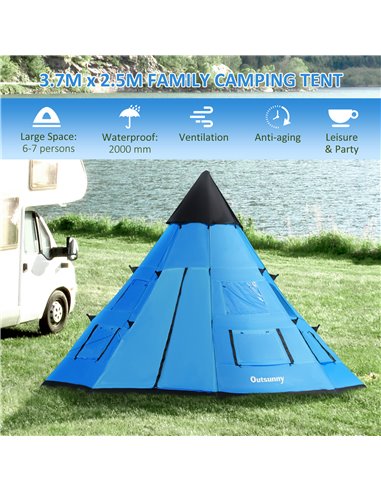 Outsunny 6 Men Tipi Tent, Camping Teepee Family Tent with Mesh Windows Zipped Door Carry Bag, Easy Set Up for Hiking Picnics Out