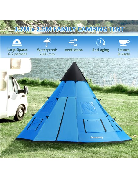 Outsunny 6 Men Tipi Tent, Camping Teepee Family Tent with Mesh Windows Zipped Door Carry Bag, Easy Set Up for Hiking Picnics Out - pic 64877 | FastDaddyshop