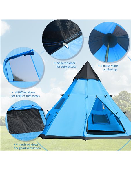 Outsunny 6 Men Tipi Tent, Camping Teepee Family Tent with Mesh Windows Zipped Door Carry Bag, Easy Set Up for Hiking Picnics Out - pic 64878 | FastDaddyshop