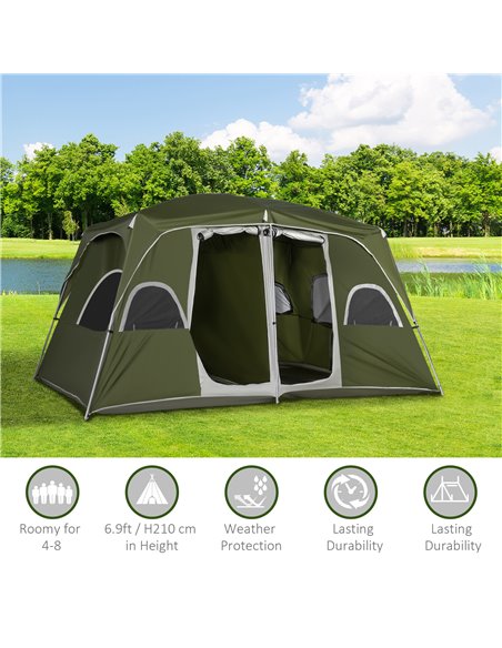 Outsunny Camping Tent, Family Tent 4-8 Person 2 Room, with Large Mesh Windows, Easy Set Up for Backpacking Hiking Outdoor, Green - pic 64924 | FastDaddyshop