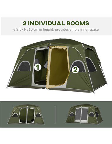 Outsunny Camping Tent, Family Tent 4-8 Person 2 Room, with Large Mesh Windows, Easy Set Up for Backpacking Hiking Outdoor, Green